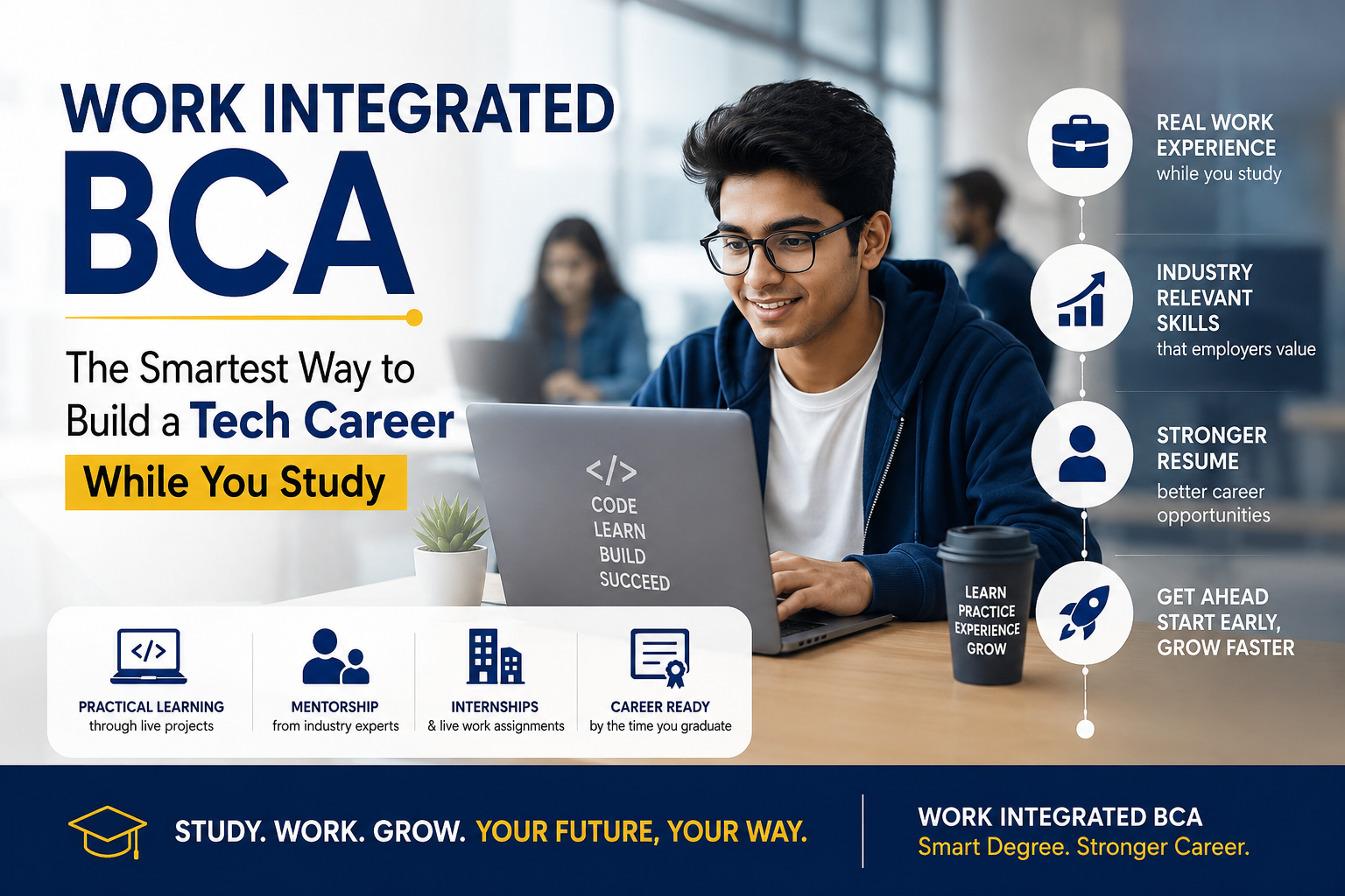“Promotional poster for Hillsinai Work Integrated BCA program with students using a laptop.”