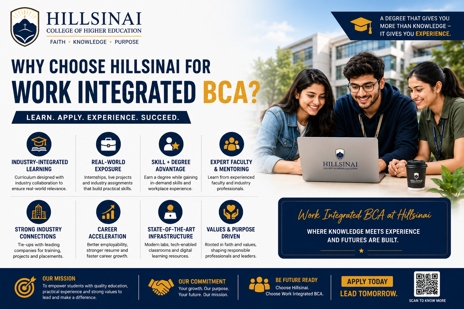 Landscape poster highlighting why students should choose Hillsinai for Work Integrated BCA.”